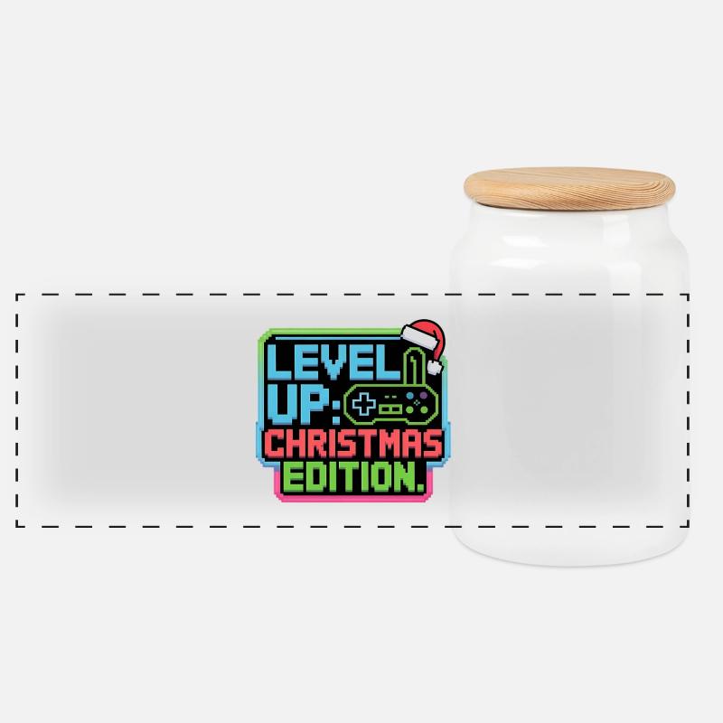 Level Up zu Weihnachten - Pixel Gamer Geschenk - Panorama Keksdose mit Holzdeckel - Weiß