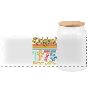 Geburtstagsgeschenk 1975 Original-Vintage-Retro-Geschenk - Panorama Keksdose mit Holzdeckel - Weiß - Vorne