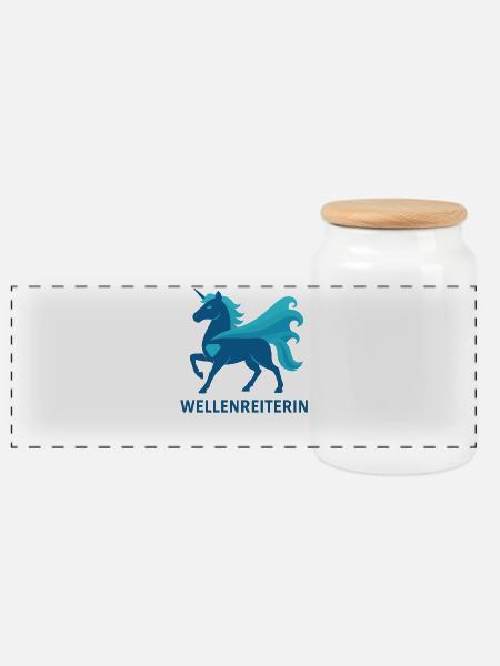 Stolze Wellenreiterin, Einhorn Kraft, Meer - Panorama Keksdose mit Holzdeckel - Weiß
