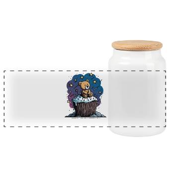 Cuddly bear on cupcake in space - Panoramic Cookie Jar with Wooden Lid - white - Front