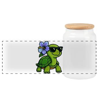 Turtle with Hibiscus Flower - Panoramic Cookie Jar with Wooden Lid - white - Front