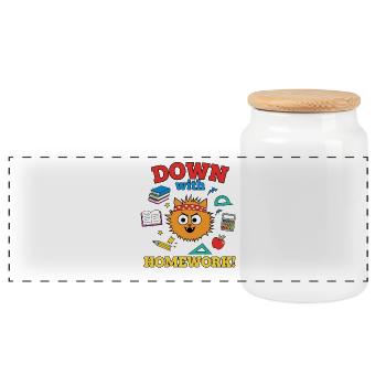 Down with Homework Rebellious School Cat Student - Panoramic Cookie Jar with Wooden Lid - white - Front