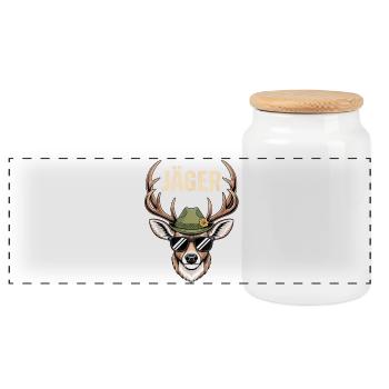 Hunter Deer with Hat Sunglasses - Panoramic Cookie Jar with Wooden Lid - white - Front
