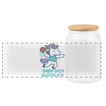 Einhorn Handball Dreh dich glücklich, Trickwurf - Panorama Keksdose mit Holzdeckel - Weiß - Vorne