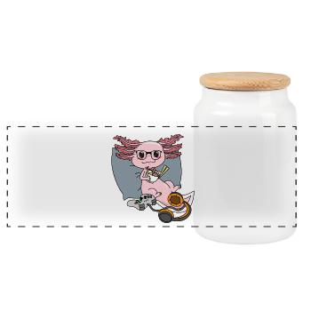 Cute Axolotl Gamer Ramen Noodle Geek Pet Owner - Panoramic Cookie Jar with Wooden Lid - white - Front