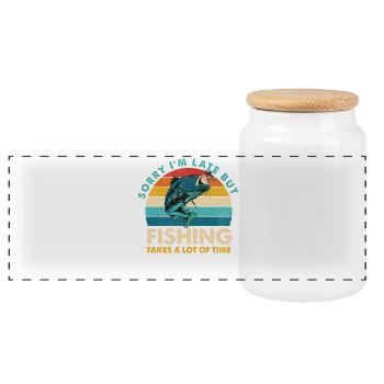 Sorry I’m Late – Retro Fishing Humor - Panorama Keksdose mit Holzdeckel - Weiß - Vorne