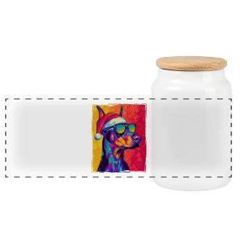 Doberman Dog Christmas Portrait - Panoramic Cookie Jar with Wooden Lid - white - Front