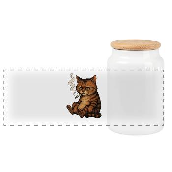 smoking cat - Panoramic Cookie Jar with Wooden Lid - white - Front