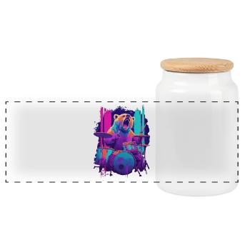 Wild Bear on Drums - Rock Drummer Gift - Panoramic Cookie Jar with Wooden Lid - white - Front
