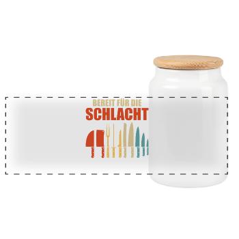 Küchenchef BEREIT FÜR DIE SCHLACHT Lustig - Panorama Keksdose mit Holzdeckel - Weiß - Vorne