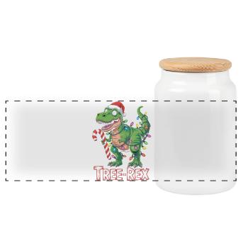 Tree-Rex – T-Rex with candy cane & lights - Panoramic Cookie Jar with Wooden Lid - white - Front