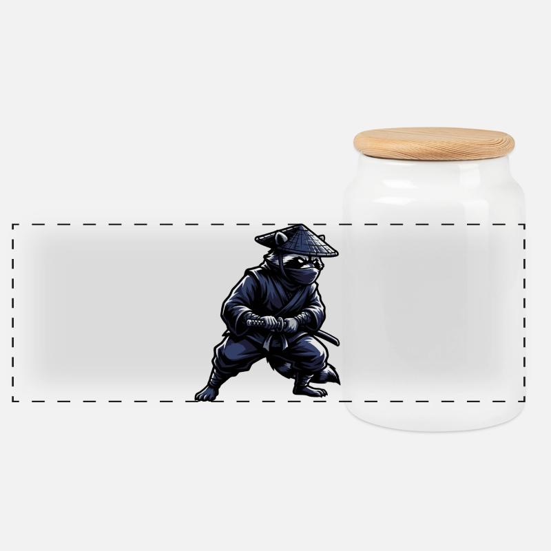 Ninja Waschbär mit Katana - Panorama Keksdose mit Holzdeckel - Weiß