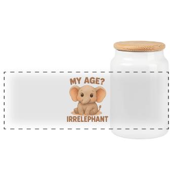 Elephant Humor – My Age Irrelephant - Panoramic Cookie Jar with Wooden Lid - white - Front