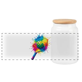 Pickleball Splash Art - Racket & Colored Ball - Panoramic Cookie Jar with Wooden Lid - white - Front