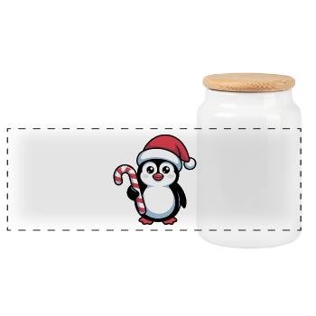 Pinguin Santa mit Zuckerstange - Panorama Keksdose mit Holzdeckel - Weiß - Vorne