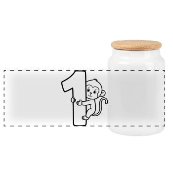 Funny Monkey with Number 1 Cartoon Illustration - Panoramic Cookie Jar with Wooden Lid - white - Front
