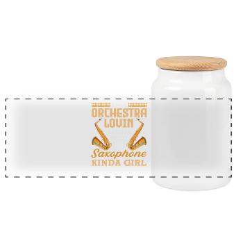 Saxophone Lover, Kinda Girl, Saxophonist Hobby - Panoramic Cookie Jar with Wooden Lid - white - Front