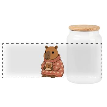 Capybara in a heart sweater with photo – Cozy Motif - Panoramic Cookie Jar with Wooden Lid - white - Front