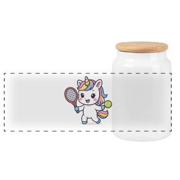 Licorne de tennis kawaï, motif des enfants mignons, sports - Boîte à biscuits avec couvercle en bois - blanc - Devant
