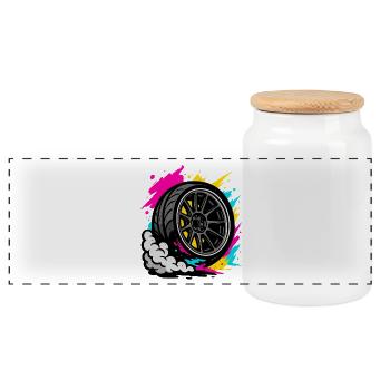 Neon Drift Wheel, Burnout Tuning Shirt - Panoramic Cookie Jar with Wooden Lid - white - Front