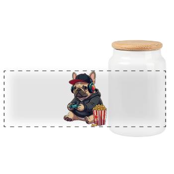 French Bulldog Gamer Dog With Popcorn - Panoramic Cookie Jar with Wooden Lid - white - Front