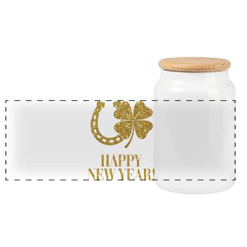 Kleeblatt Hufeisen Glück golden Happy New Year  - Panorama Keksdose mit Holzdeckel - Weiß - Vorne