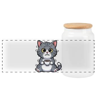 Sweet Cat Coffee Caffeine Early Bird Morning - Panoramic Cookie Jar with Wooden Lid - white - Front