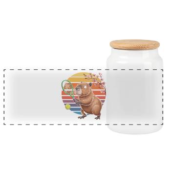 Capybara Tennis in Retro Sunset - Panoramic Cookie Jar with Wooden Lid - white - Front