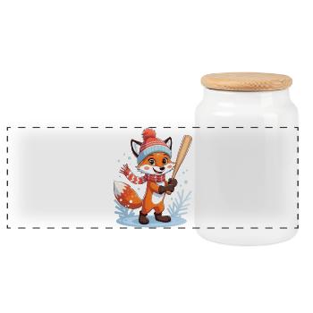 Illustration de renard d’hiver avec chapeau et écharpe - Boîte à biscuits avec couvercle en bois - blanc - Devant