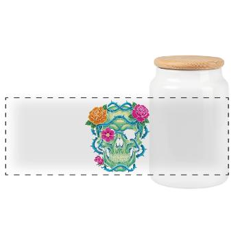 Floral Skull – Schädelkunst - Panorama Keksdose mit Holzdeckel - Weiß - Vorne