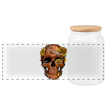 Golden Barbed Wire Floral Skull - Panoramic Cookie Jar with Wooden Lid - white - Front