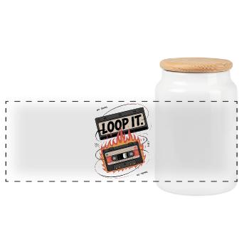 Retro cassette with "Loop It" flame design - Panoramic Cookie Jar with Wooden Lid - white - Front