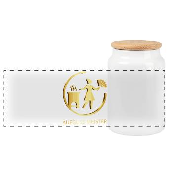 Aufguss Meister Gold – Profi Sauna Wellness - Panorama Keksdose mit Holzdeckel - Weiß - Vorne