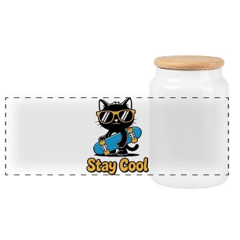 Stay Cool Cat Skateboard - Panorama Keksdose mit Holzdeckel - Weiß - Vorne