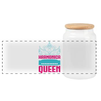 Funny Harmonica Player Queen Harmonica - Panoramic Cookie Jar with Wooden Lid - white - Front