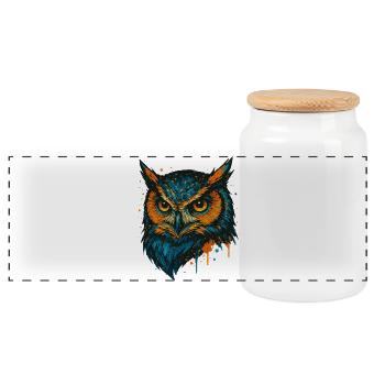 Colored Owl Head Splash Art - Panoramic Cookie Jar with Wooden Lid - white - Front