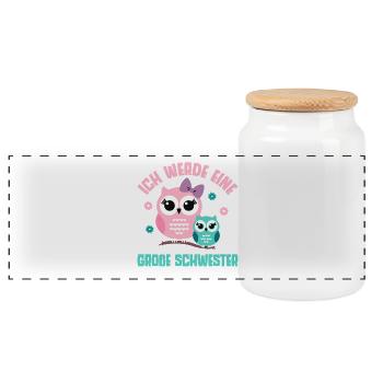Big sister Owls Older baby Siblings - Panoramic Cookie Jar with Wooden Lid - white - Front