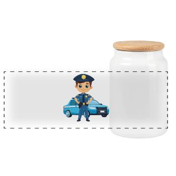 Police hero cartoon in front of police car - Panoramic Cookie Jar with Wooden Lid - white - Front