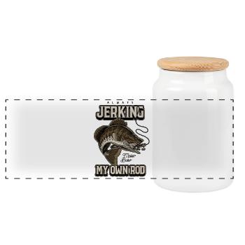 Always Jerking My Rod Funny Fishing - Panoramic Cookie Jar with Wooden Lid - white - Front