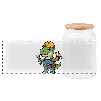 Dino construction worker with tools - Panoramic Cookie Jar with Wooden Lid - white - Front