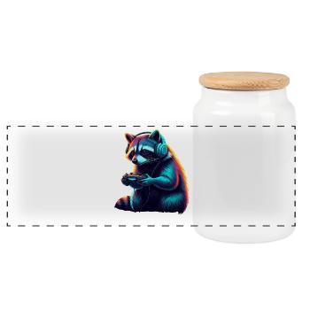 Raccoon Gaming Animal Video Games Funny Raccoon - Panoramic Cookie Jar with Wooden Lid - white - Front