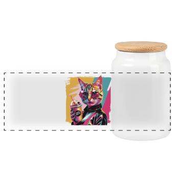 Po art chat avec veste en cuir et café - Boîte à biscuits avec couvercle en bois - blanc - Devant