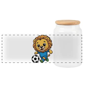 Löwe spielt Fußball - Panorama Keksdose mit Holzdeckel - Weiß - Vorne
