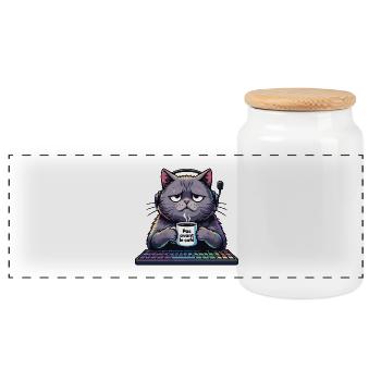 Illustration of a cat that is not a morning person - Panoramic Cookie Jar with Wooden Lid - white - Front