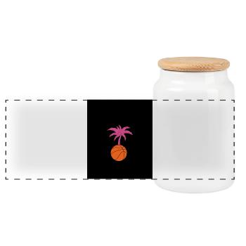 Palm tree and ball on black background - Panoramic Cookie Jar with Wooden Lid - white - Front