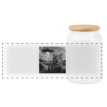 Katzen-Selfie UFO Tees lustige Katze - Panorama Keksdose mit Holzdeckel - Weiß - Vorne