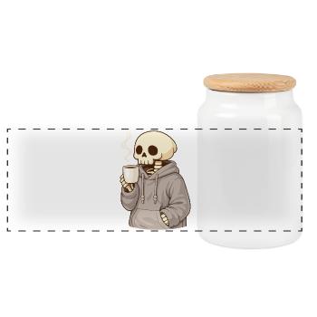 Squelette douillet avec tasse – Moment de calme - Boîte à biscuits avec couvercle en bois - blanc - Devant