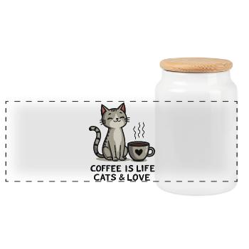 Coffee is Life Cats & Love Süße Katze Kaffee - Panoramic Cookie Jar with Wooden Lid - white - Front