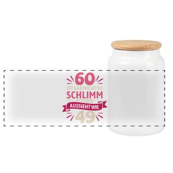 60 is not so bad - saying - Panoramic Cookie Jar with Wooden Lid - white - Front