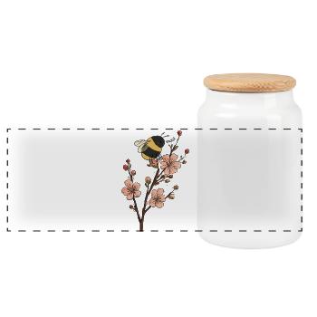 Funny Bee and Cherry Blossom Illustration  - Panoramic Cookie Jar with Wooden Lid - white - Front